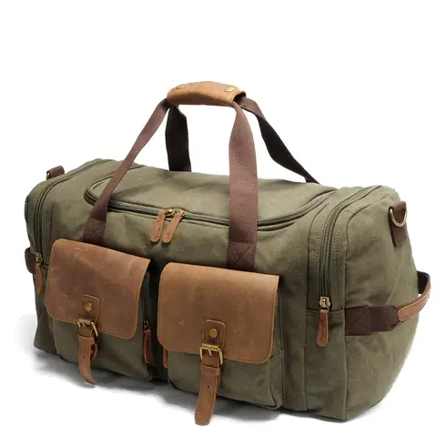 Unisex vaxad kanvasväska med stor kapacitet, läderfickor med flera fack, mässingsspännen, hållbar reseväska 8 best sales vaxväska i canvas - №3