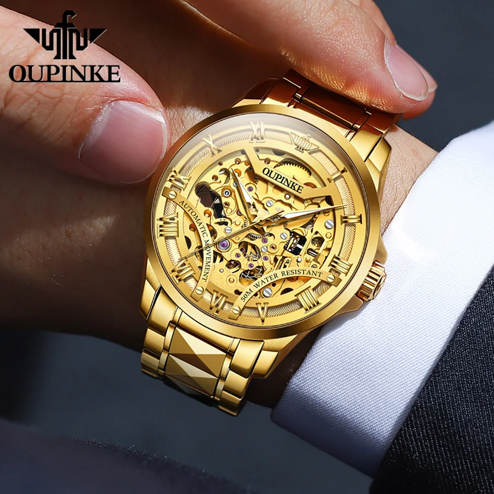 OUPINKE 3210 Business Hollow Mechanical Watch For Men Waterproof Automatic Wristwatch Luminous Roman Scale Original Man Watches