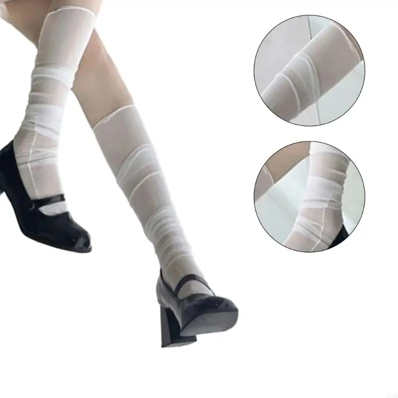 23GE See Through Mesh Slouch Pleated Over Calf Socks Womens Japanese Novelty Solid Color Transparent Lace Middle Tube Socks