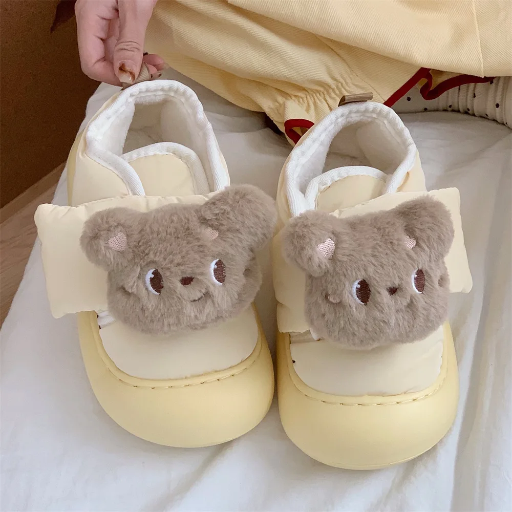 Women Home Slippers Cute Round Toe Cotton Shoes Women's Plush Teddy Bear, Winter Indoor Household Shoes