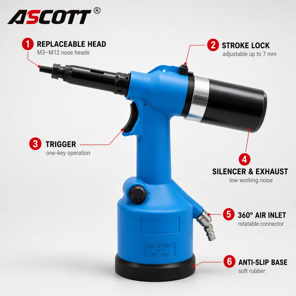 High quality Pneumatic Rivet Nut Gun M3-M12 Adjustable Stroke 19,000 N Pulling Force Auto Spin Air Rivet Nail Gun