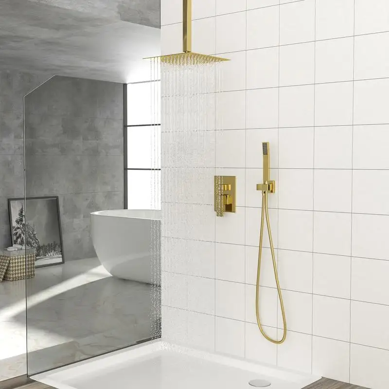 

Dual Shower Head 16 Inch Ceiling Mount Square Shower System with Rough-in Valve Gold Finish