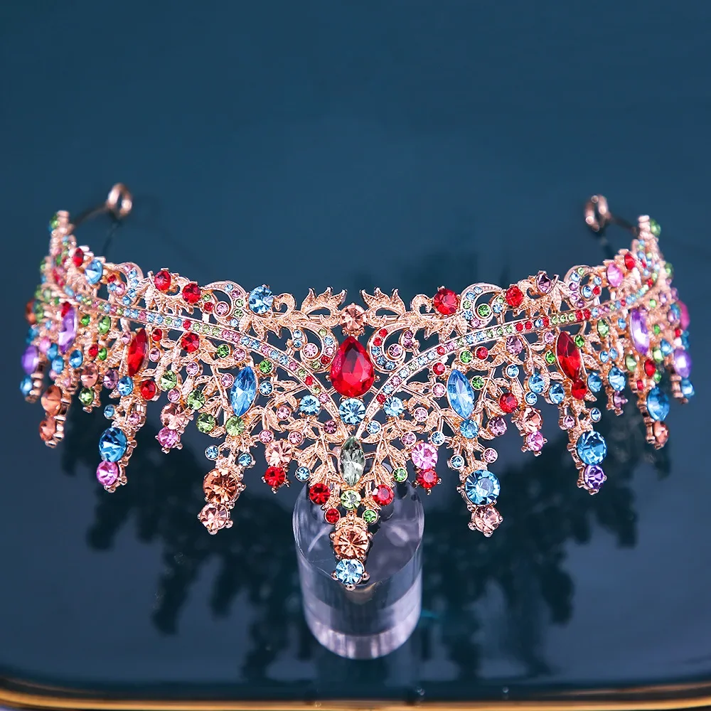 Baroque Bronze Colorful Jelly Crystal Crown Headband Royal Queen Tiaras Party Wedding Hair Accessories Rhinestone Pageant Diadem image 5
