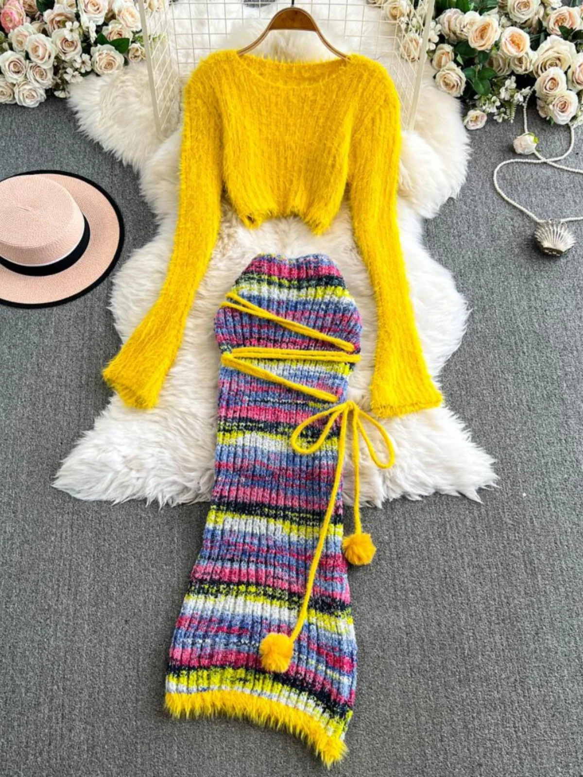 

Autumn Winter ort Plu Mink Long Sve Knitted Sweater High Waist Stripe Skirt Sexy Girl Knitting Set Faionable En...