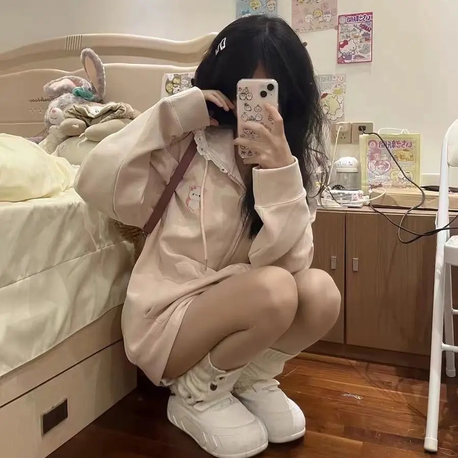 Y2k renda orelha zíper moletom com capuz jaet menina outono inverno japonês sle bonito subcultura otaku topo feminino faion escola orm