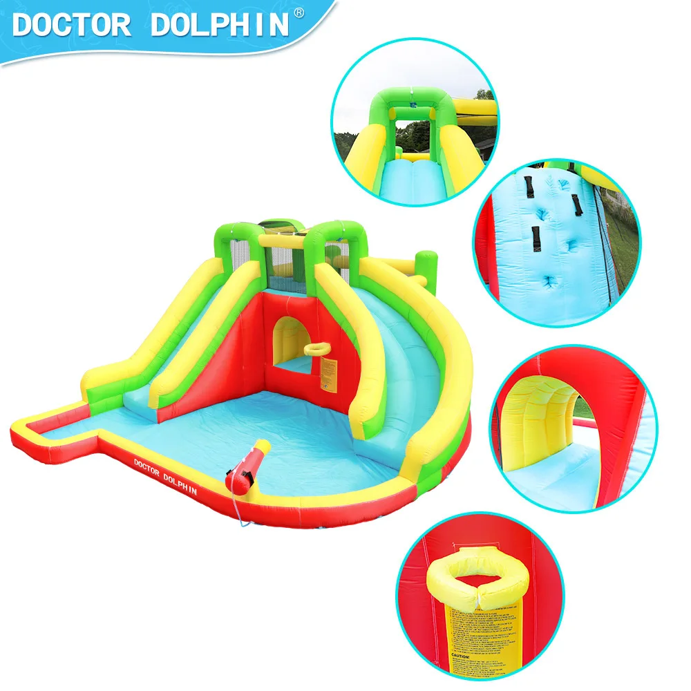 Doktoral Delphin Aufblasbare Wasser Silde Outdoor Wasser Spray Stil Doppel Rutsche Bounce Haus Kinder Sommer Spielzeug Mit Gebläse