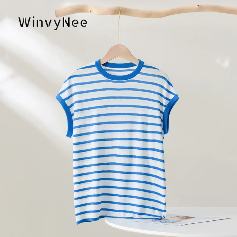 WinvyNee Women Fine Spun Wool Striped Crew Neck Dolman Knit Pullover Soft Fashion Causual Daily Tops For Spring Autumn ZA1737034