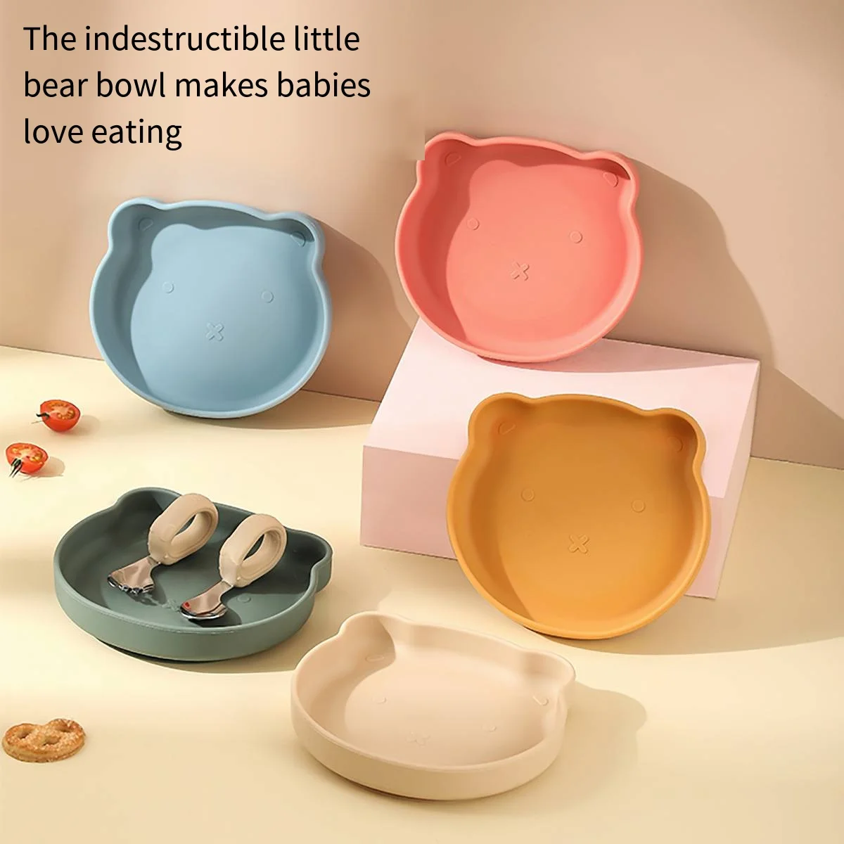 LazyChild Silicone Dinner Plates Baby Tableware Cartoon Bear Baby Food Silicone Bowls Silicone Spoons