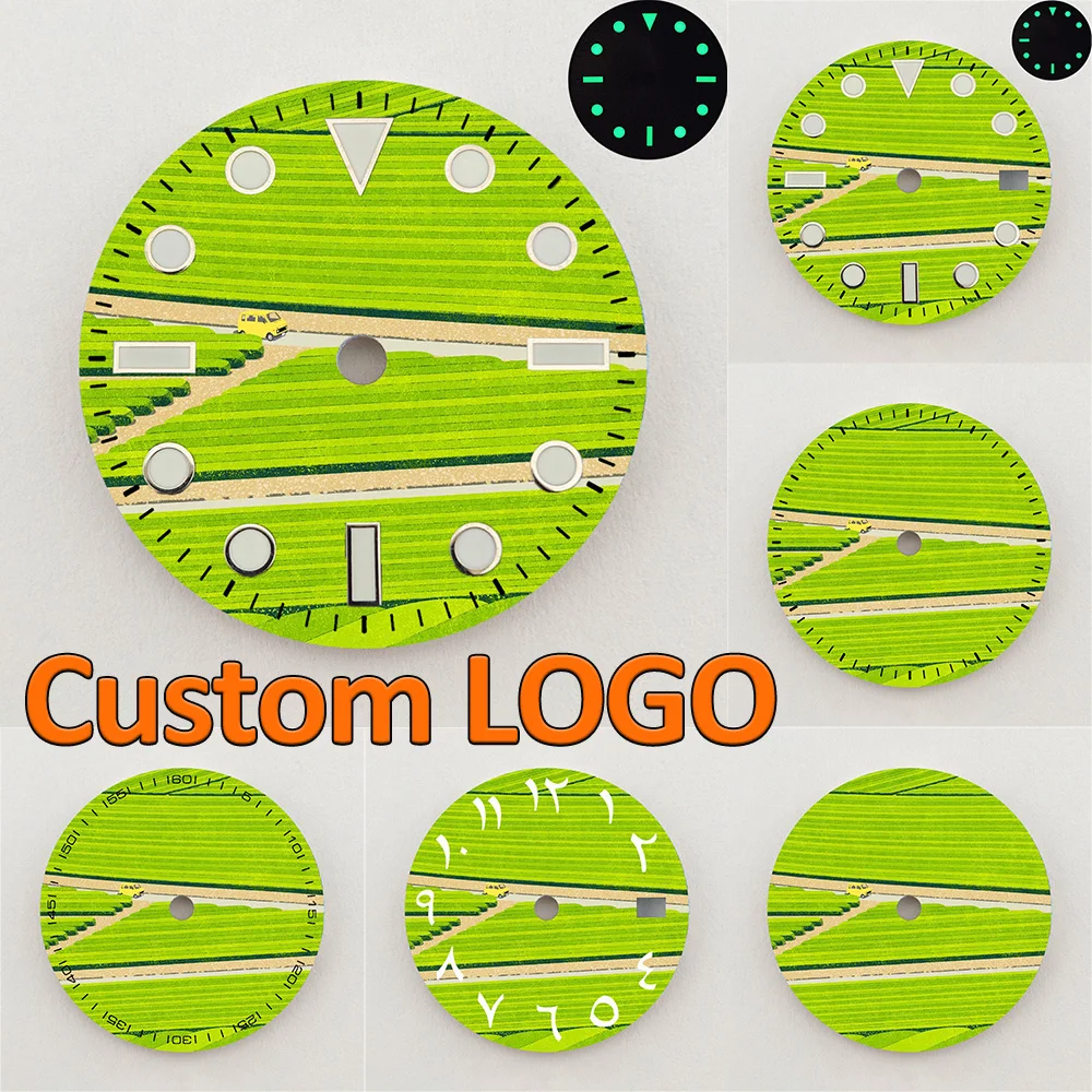 28.5mm NH35 Dial Creative Green Farmland Scenic Dial Luminous NH36 Dial Watch Accessories Fits NH35/NH36 Movements Custom LOGO