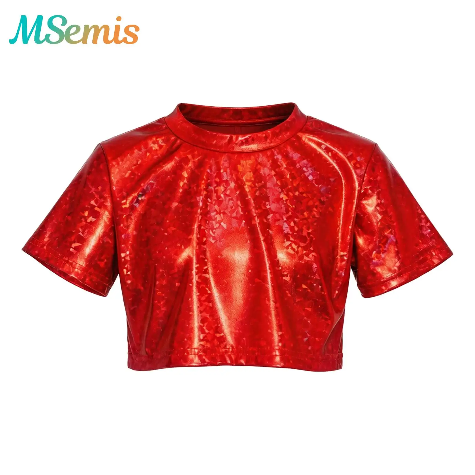Kids Girls Disco T-shirt Tops Hip Hop Jazz Dance Stage Performance Costume Round Neck Short-sleeve Metallic Crop Top