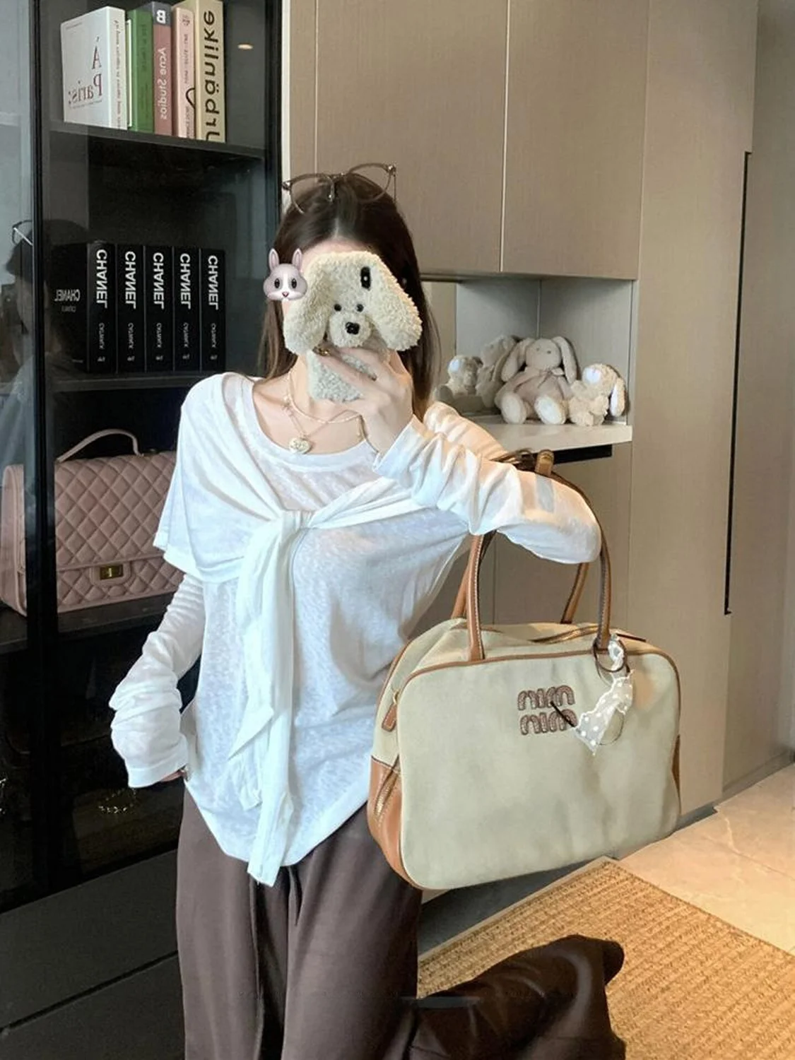 Spring Casual Style White Long Sleeve T-Shirt Shoulder Cover Women's Fashion Set Sun Protection Two-Piece Suit Comfortable Fit
