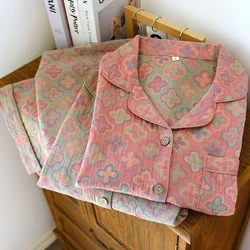 100% Cotton Crepe Homeclothes 2023 Autumn/Winter Women's Pajamas Suit Long-Sleeved Trousers 2-piece Yarn-Dyed Jacquard Pajamas