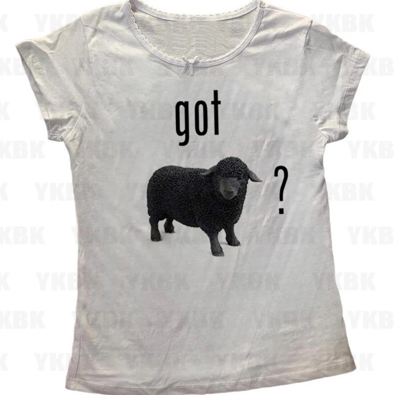 Gothic Aesthetic Sheep Print Womens Short Sleeve Y2K Clothes Fashion Streetwear Crop Top Vintage Fairy Aesthetic Baby Tee 2000s