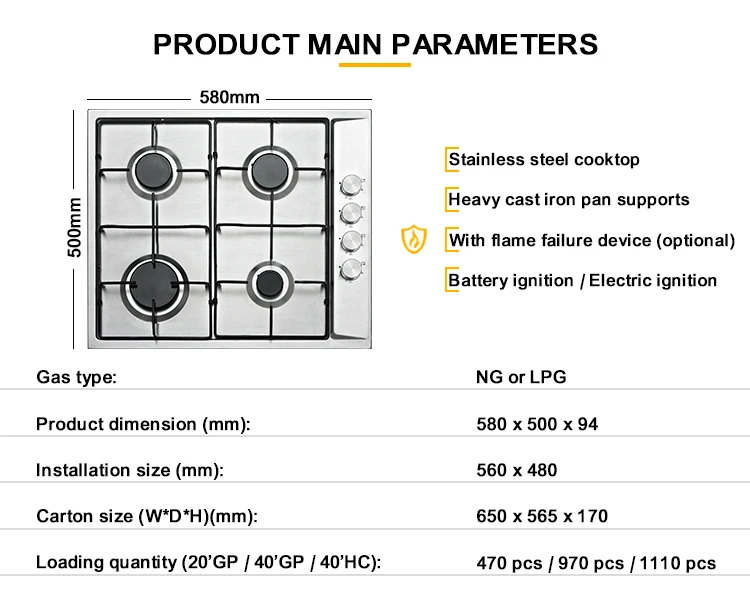 High Quality 4 Burner Gas Cooktop Glass Hob ( PGR6040S-A2EI )