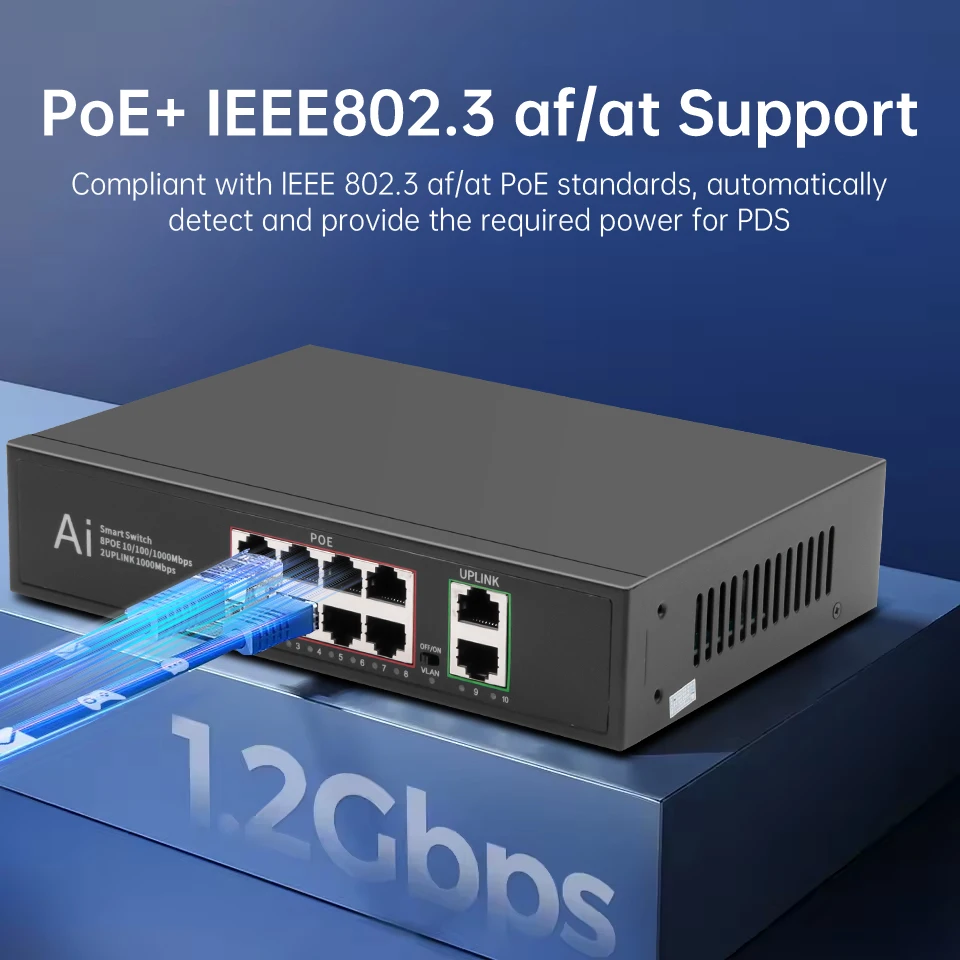 POE Switch 10 Ports 1000Mbps 8+2 Port Gigabit High Fast RJ45 Smart Switch IEEE 802.3 AT/AF Internet Splitter for Wifi Router