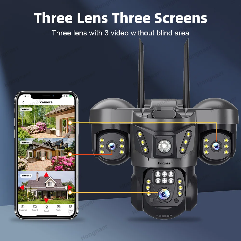 Hongnaer 12MP 6K V380 Pro Three Lens Wireless WiFi Home Security Wireless 4G Sim Card CCTV IP Camera