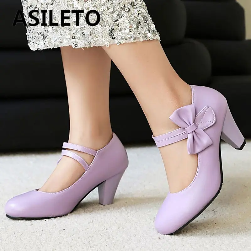 

ASILETO 2025 Mary Janes Female Pumps Round Toe Block Heels 7cm Bowknot Strap Plus Size 45 46 47 48 Sweet Dating Shoes Spring