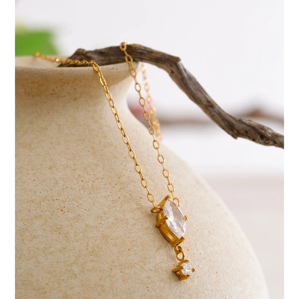 Yhpup Shiny Stainless Steel Cubic Zirconia Water Drop Necklace Small Pendant Korean Stylish Waterproof Jewelry Gift Wholesale