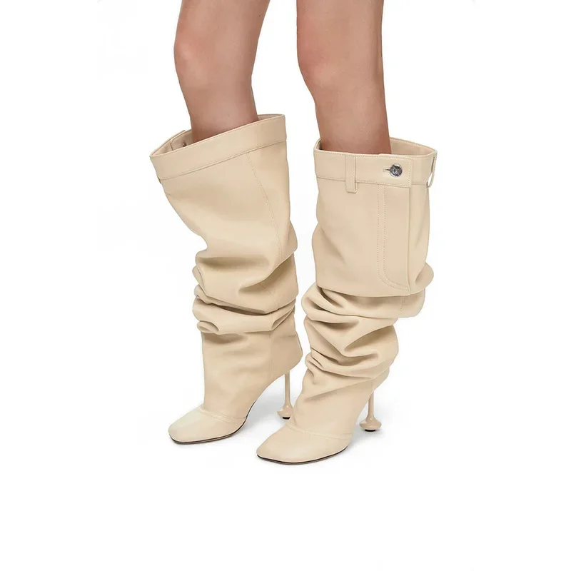 Square Toe Beige Pleated Toy Heel Boots Woman Winter 2026 Slip-On Shaped Heel Knee-High Boots Fashion Luxury Shoes for Women
