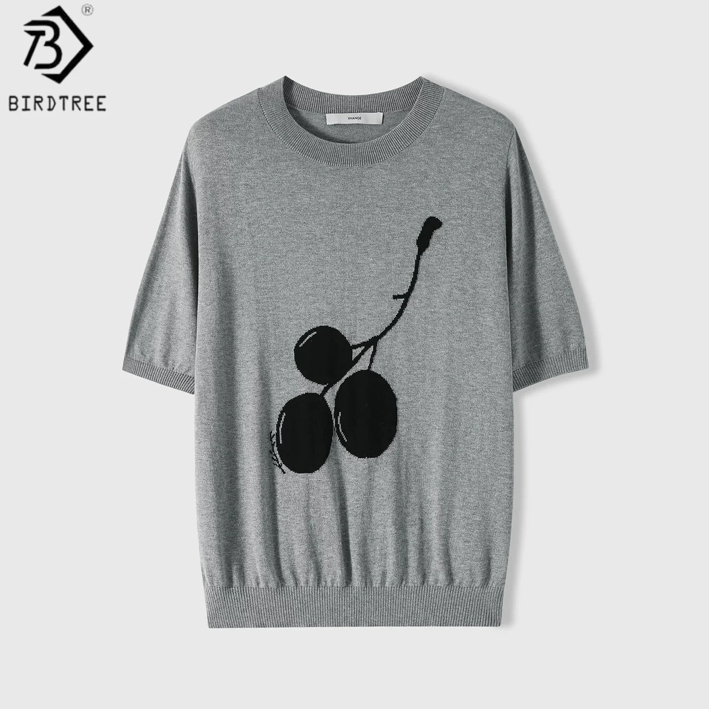 Birdtree, 55% Real Silk Jacquard Tshirt, O-neck Short Sleeve Tops, Women Thin Knitted Breathable Shirt, 2026 Autumn New T67808JF