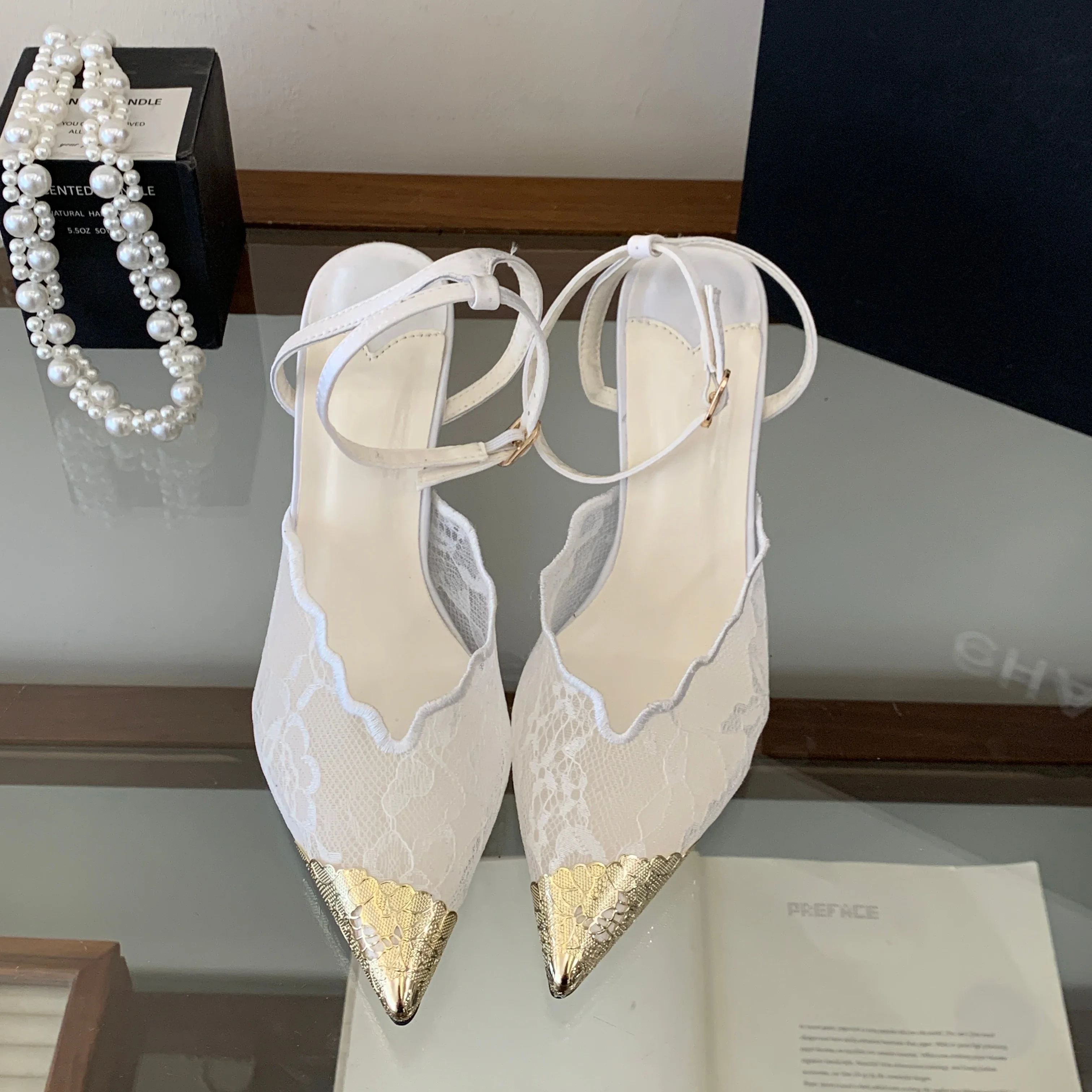 Aneikeh Elegant White Lace Slingback Stiletto Heels Pointed Toe Ankle Strap Buckle Sandals Wedding Party Ladies Dress Pumps image 3