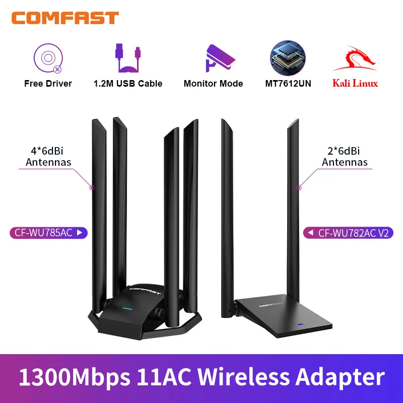 COMFAST Free Driver 1300Mbps Adaptador Adapter WiFi USB3.0 2.4G i 5G dwuzakresowy karta sieciowa MT7612UN antena wygrywa 7 8 10 11 Linux