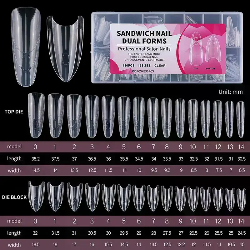 180PCS Moules à ongles doubles pour extensions, faciles à façonner, formes ovales/cercueil, pour la construction d'extensions, outils d'extension d'ongles
