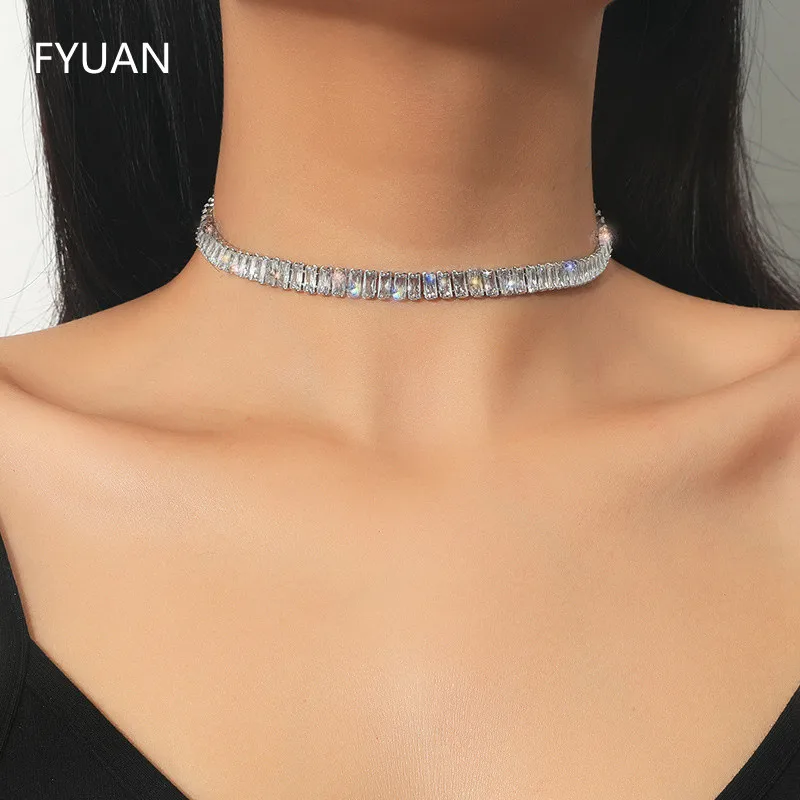 FYUAN Simple Zircon Crystal Choker Necklaces for Women Geometric Chain Necklaces Statement Jewelry