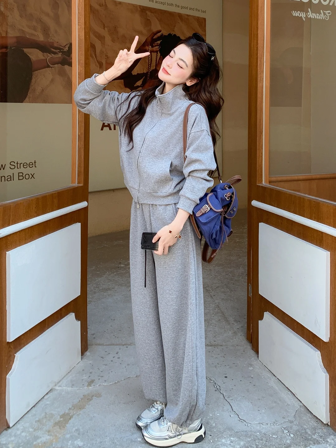 

Grey Zipper Hoodie Cardigan Pants Set Women's Casual Sporty Two-Piece Spring Autumn New Style High Collar Short Length