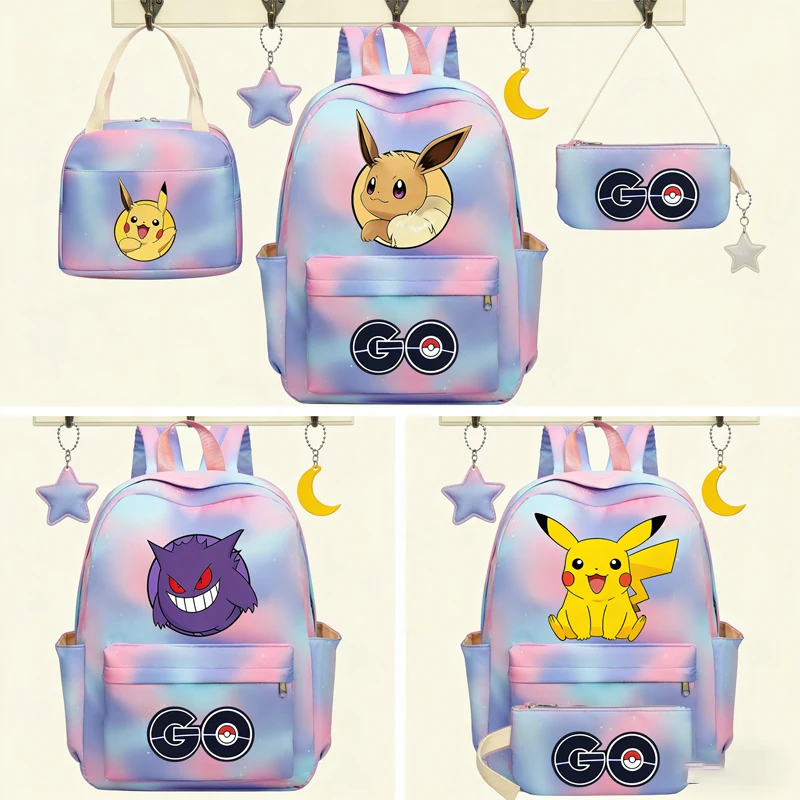 

KAWAII PIKACHU Cartoon Peripheral Colorful Backpack Three-Piece Set Pattern Children'S Large Capacity Schoolbag Pencilcase