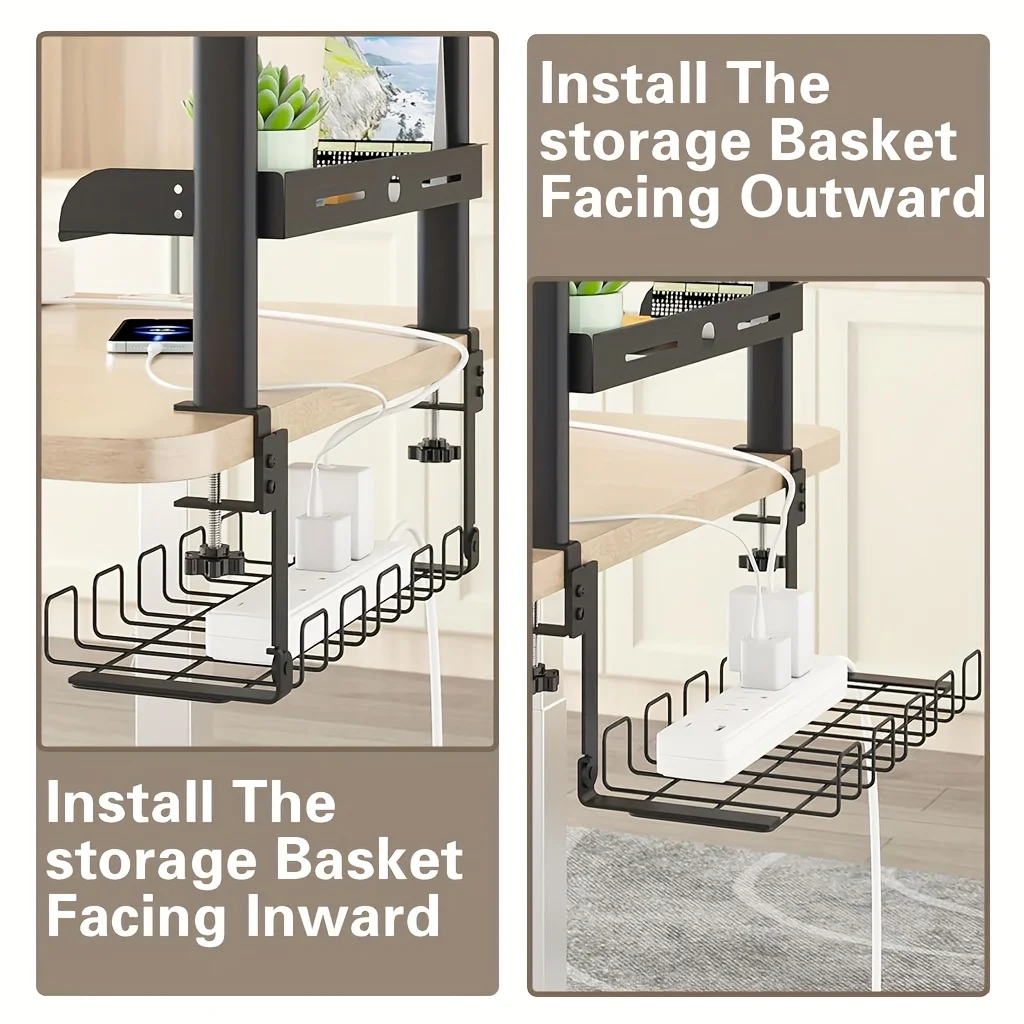 Adjustable Clip on Desk Rack Durable Steel Cable Management Tray under Desk Upper And Lower Storage Organizer for Desktop