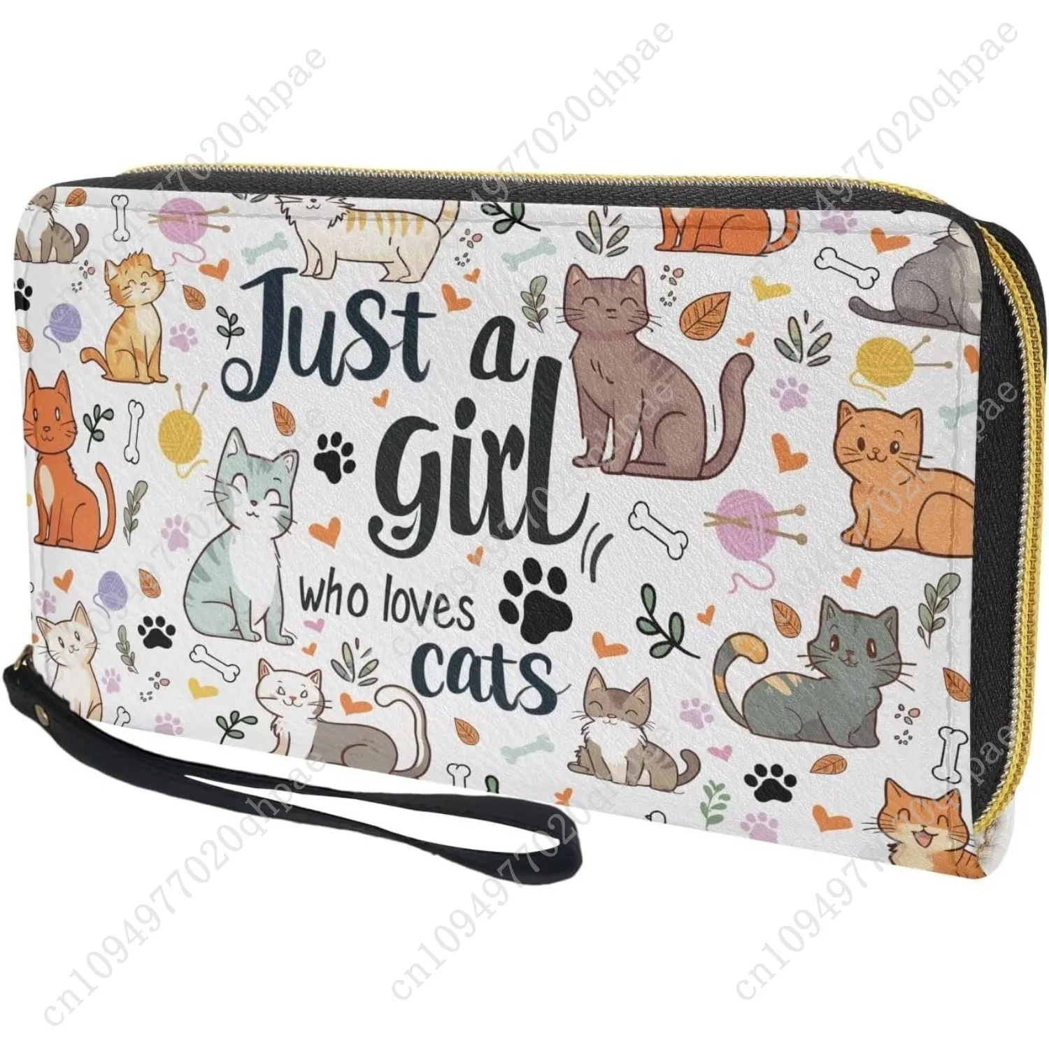 محفظة نسائية طويلة مع معصم سعة كبيرة وسحاب معدني ومحفظة هاتف لطيفة على شكل قطة - فتاة تحب القطط مطبوعة من جلد البولي يوريثان