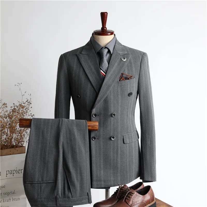

CO1124 New Men's Suit Double-breasted Handsome Groom Wedding Dress Korean Style Fashion Slim Gray Suit