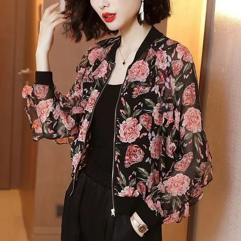 Baseball Uniform Jacket Women Spring Autumn 2024 Summer Shirt Large Size Overwear Short Chiffon Sun protection Coat Ladies Tops