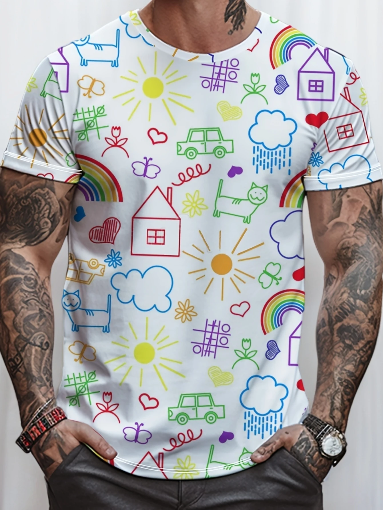 Men Cartoon Doodle House Rainbow Sun All Over Print Casual Short Sleeve T Shirt
