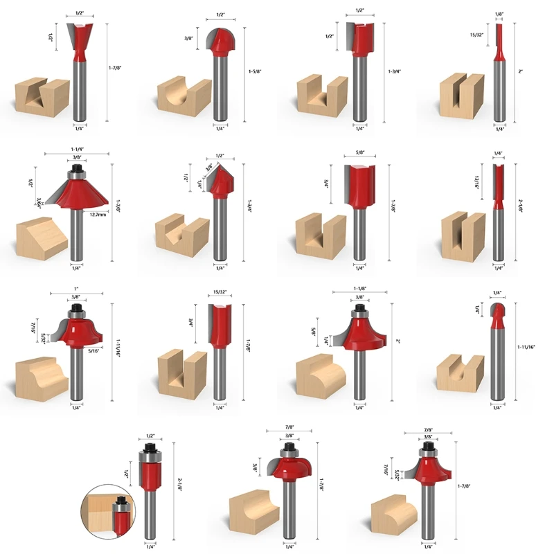 Conjunto brocas roteador 15 peças 1/4 polegada para corte modelagem chanfradura