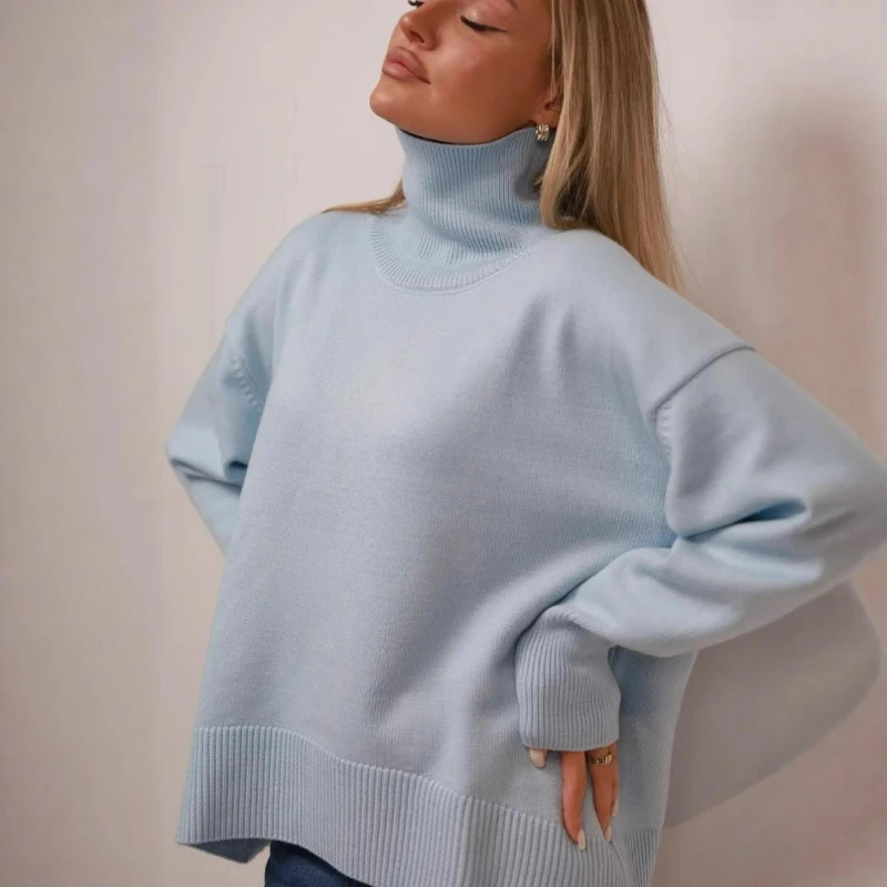Women Turtleneck Knit Sweaters Thick Warm Casual Jumpers Spliced Long Sleeve Loose Sweater Simple Lady Streetwear Autumn Winter