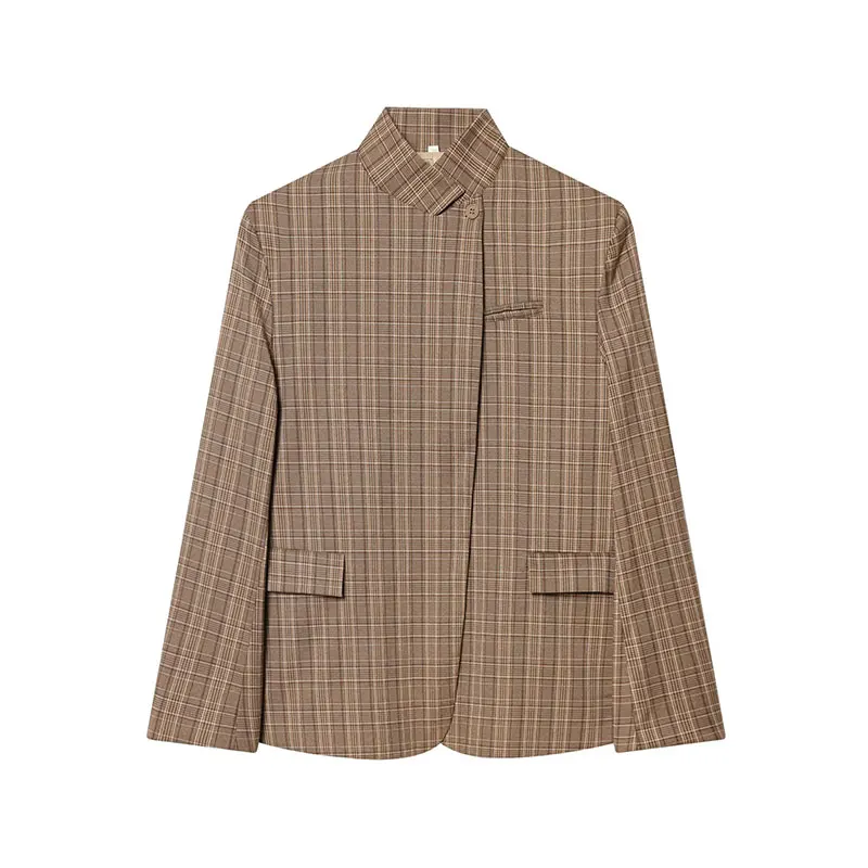 Nlzgmsj 206 Spring Women's Plaid Stand Collar Blazer Asymmetric Button Down Oversized Blazer Office Lady Workwear