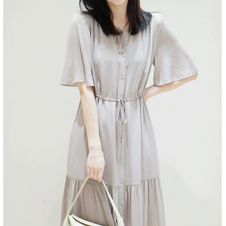 Saia de seda crepe de camada dupla manga curta vestido de seda de comprimento médio verão novas roupas femininas de alta qualidade