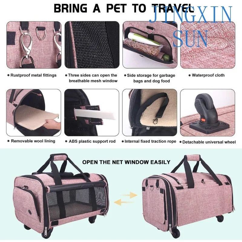 Pet Carrier Airline Approved Soft-Sided Dog Travel Carriers with Removable Wheels Perfect Cats Pups Small Animals