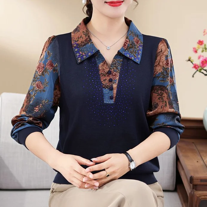 Large Size Middle-aged and Elderly Mother Shirt Autumn and Winter New Retro Printed T-shirt Loose and Slimming Collared Top