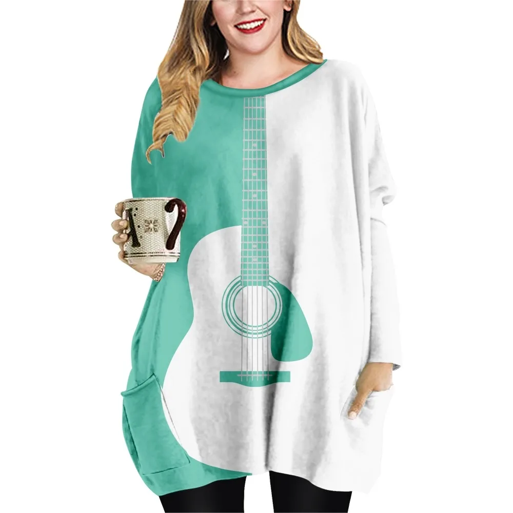 Guitarra impressão retalhos imprimir solto estilo casual senhoras camiseta duplo bolso vestido em torno do pescoço manga comprida vestido-