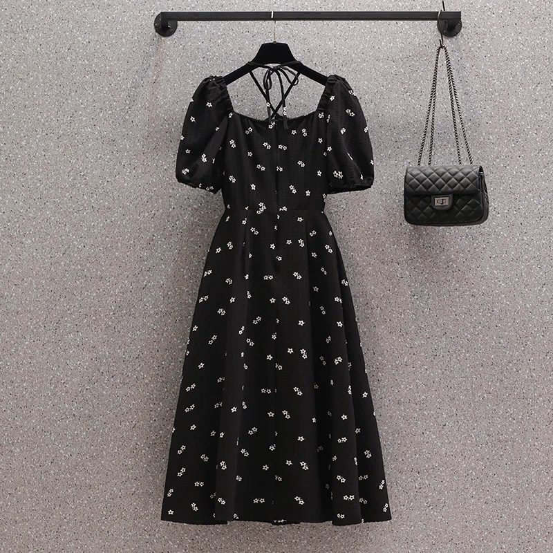 فستان متوسط الطول بياقة مربعة زهرية للنساء ، كوري كلاسيكي ، هيبورن ، مثير ، أنيق ، ملاصق للجسم ، غير رسمي ، حفلة ، صيف ، أسود ، صيني #3