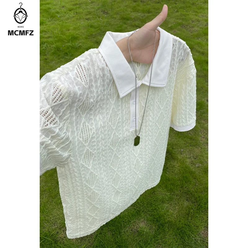 Men Streetwear Diamond Jacquard Polo Short Sleeve Top Lapel Neck Textured Weave Relaxed Fit For Casual Gathering Outing Scenes
