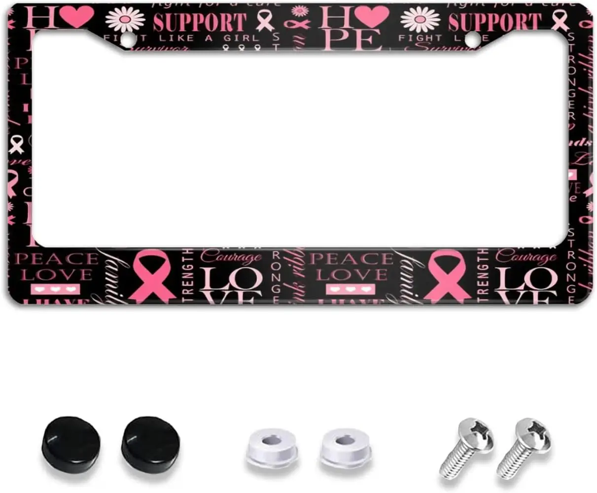 Breast Cancer Survivor Awareness License Plate Frame Holder Cover Car Accessories Pink Ribbon Aluminum Car Tag Frame 12x6 Inch