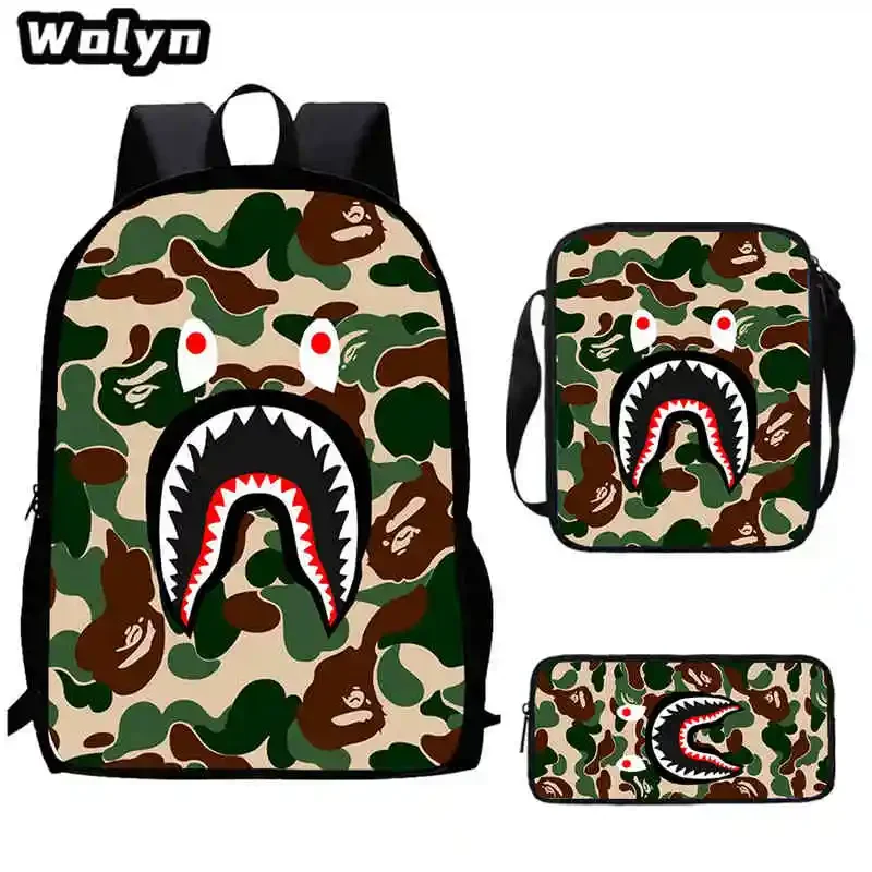 3Pcs Set Cartoon Camouflage Shark School Backpack Shoulder Bags Pencil Bags for Kindergarten , Cartoon School Bag for Boys Girls