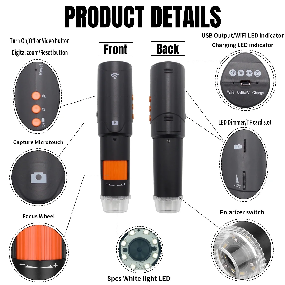 Wireless Trichoscope Microscope For Smart Phone With Capture Micrtouch Trigger WiFi Microscope