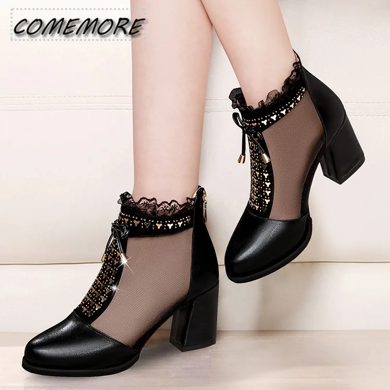 2024 Elegant High Heels Mesh Bow Summer Shoes High Heel Women Sandals Fish Mouth Black Leather Sandal Ankle Boots Luxury Fashion