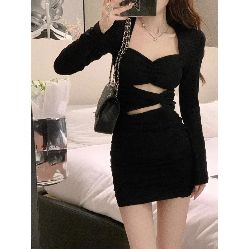 

Mini Dresses Women Sexy Slim Design Mini Robe Y2k Girls Spring Autumn Folds Simple Chic Dresses Korean Pure Club Vestidos Платье