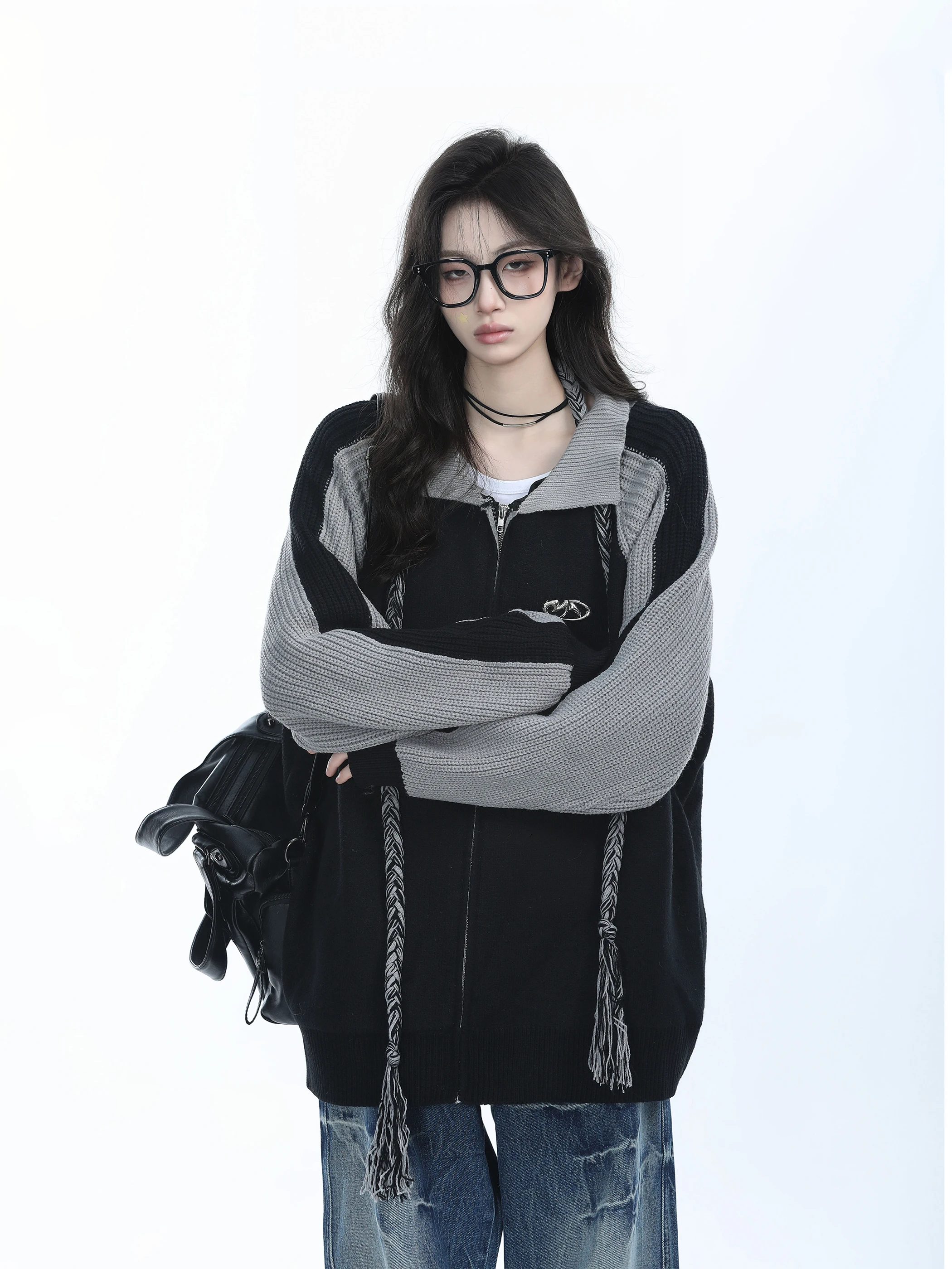 

Winter Fce Lined Zipper Open Cardigan Sweater Women's Lazy Sle Loose Knitted Outerwear oulder Insert Sve Casual Coat